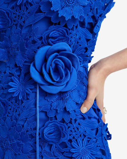 Blue Floral Lace Midi Dress