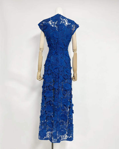Blue Floral Lace Midi Dress