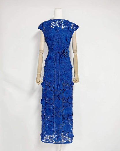 Blue Floral Lace Midi Dress