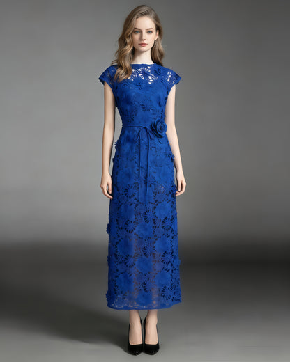 Blue Floral Lace Midi Dress