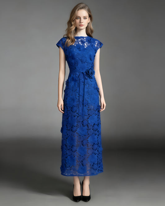 Blue Floral Lace Midi Dress