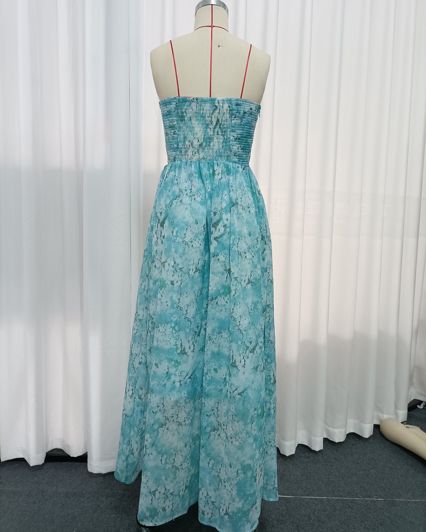 Blue Floral Print Strapless Maxi Dress