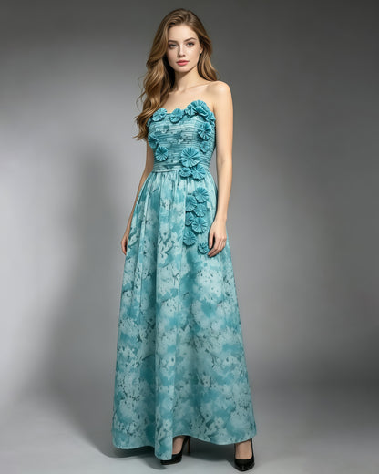 Blue Floral Print Strapless Maxi Dress