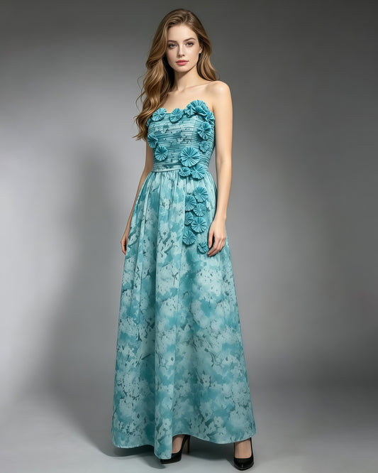 Blue Floral Print Strapless Maxi Dress