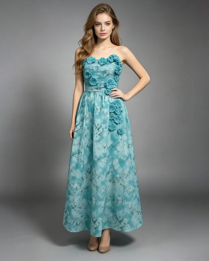 Blue Floral Print Strapless Maxi Dress