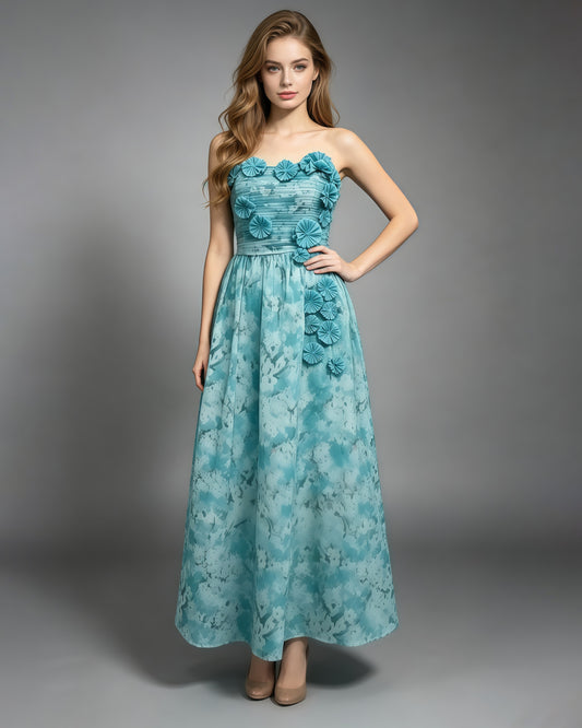 Blue Floral Print Strapless Maxi Dress