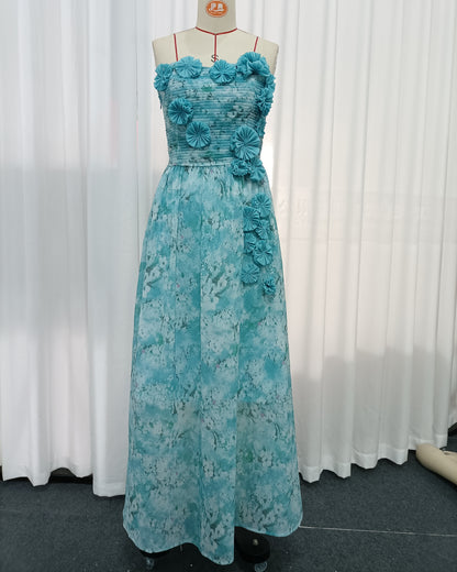 Blue Floral Print Strapless Maxi Dress