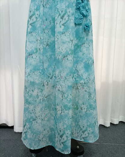 Blue Floral Print Strapless Maxi Dress