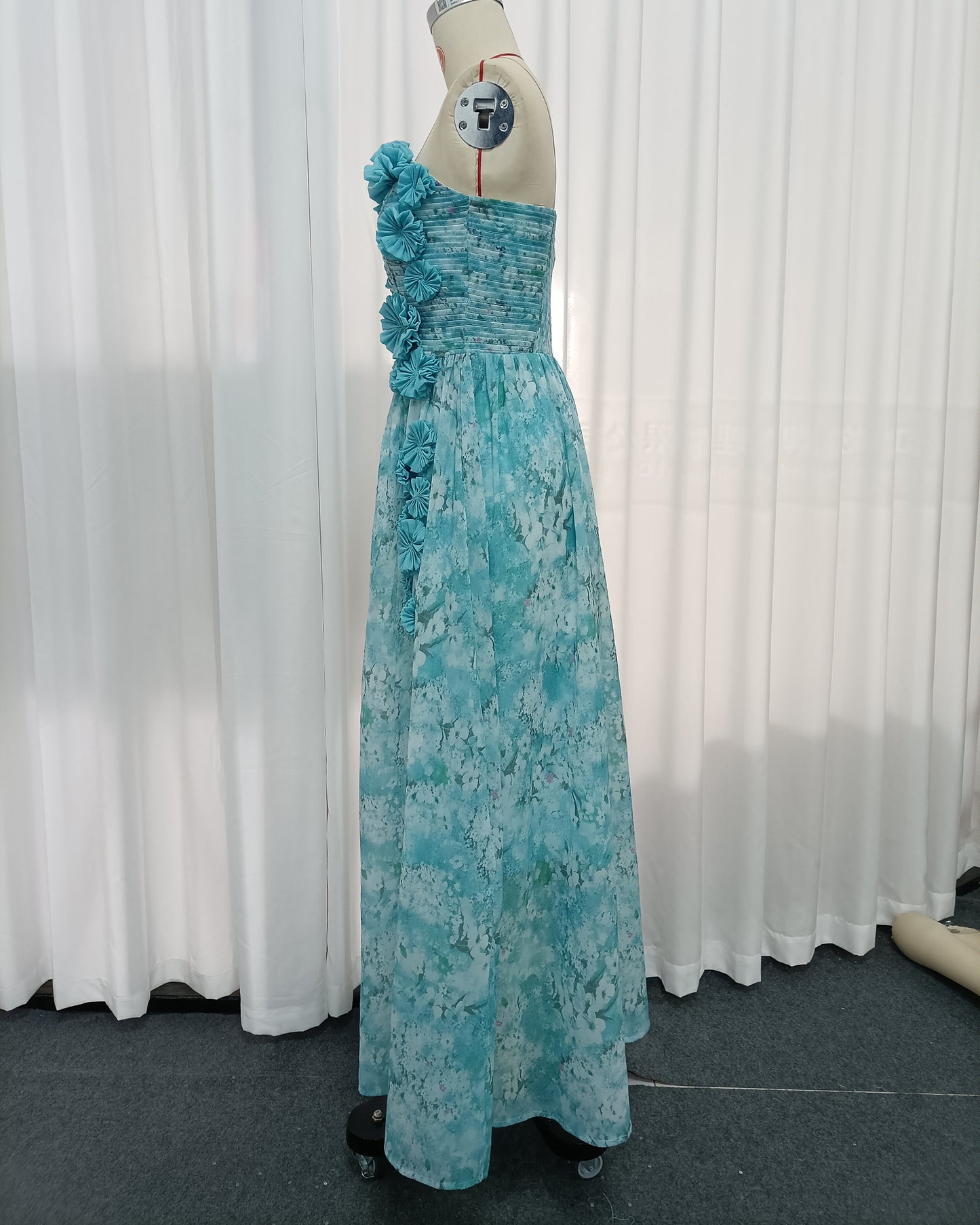 Blue Floral Print Strapless Maxi Dress
