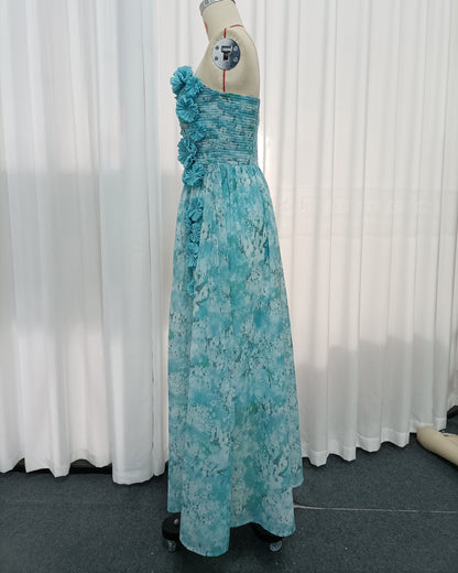 Blue Floral Print Strapless Maxi Dress