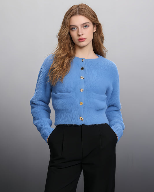 Blue Fuzzy Cropped Cardigan with Decorative Buttons