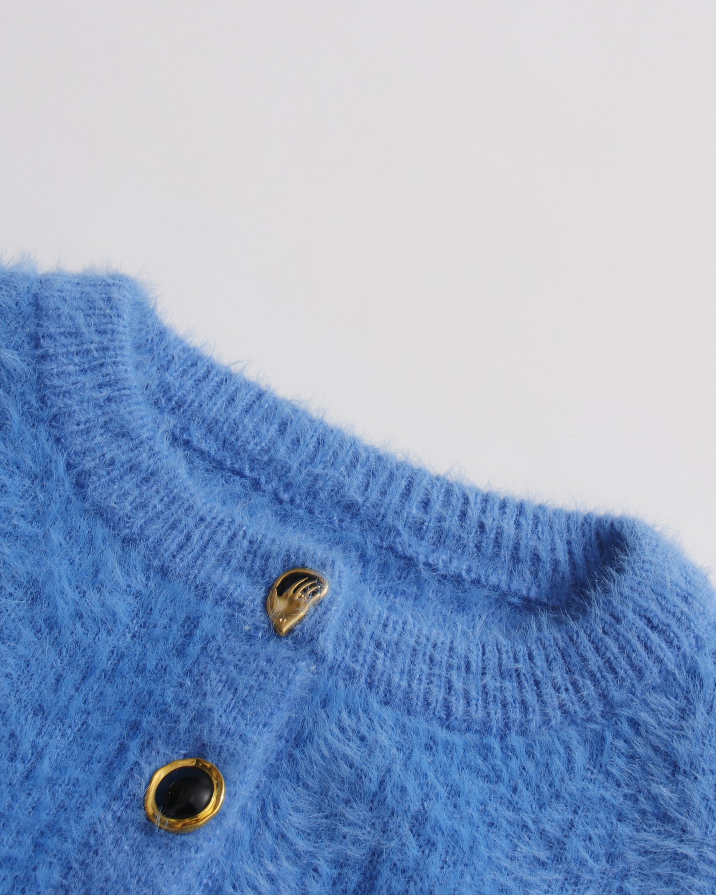 Blue Fuzzy Cropped Cardigan with Decorative Buttons