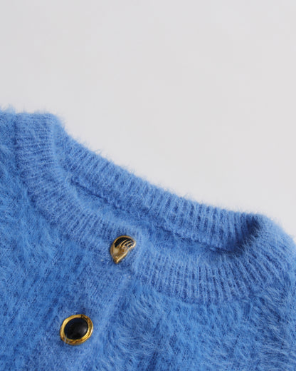 Blue Fuzzy Cropped Cardigan with Decorative Buttons