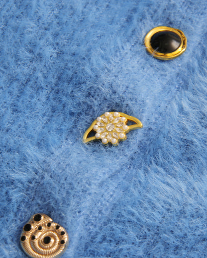 Blue Fuzzy Cropped Cardigan with Decorative Buttons