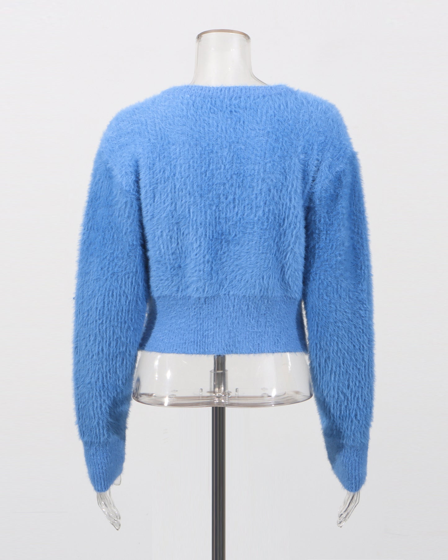 Blue Fuzzy Cropped Cardigan with Decorative Buttons