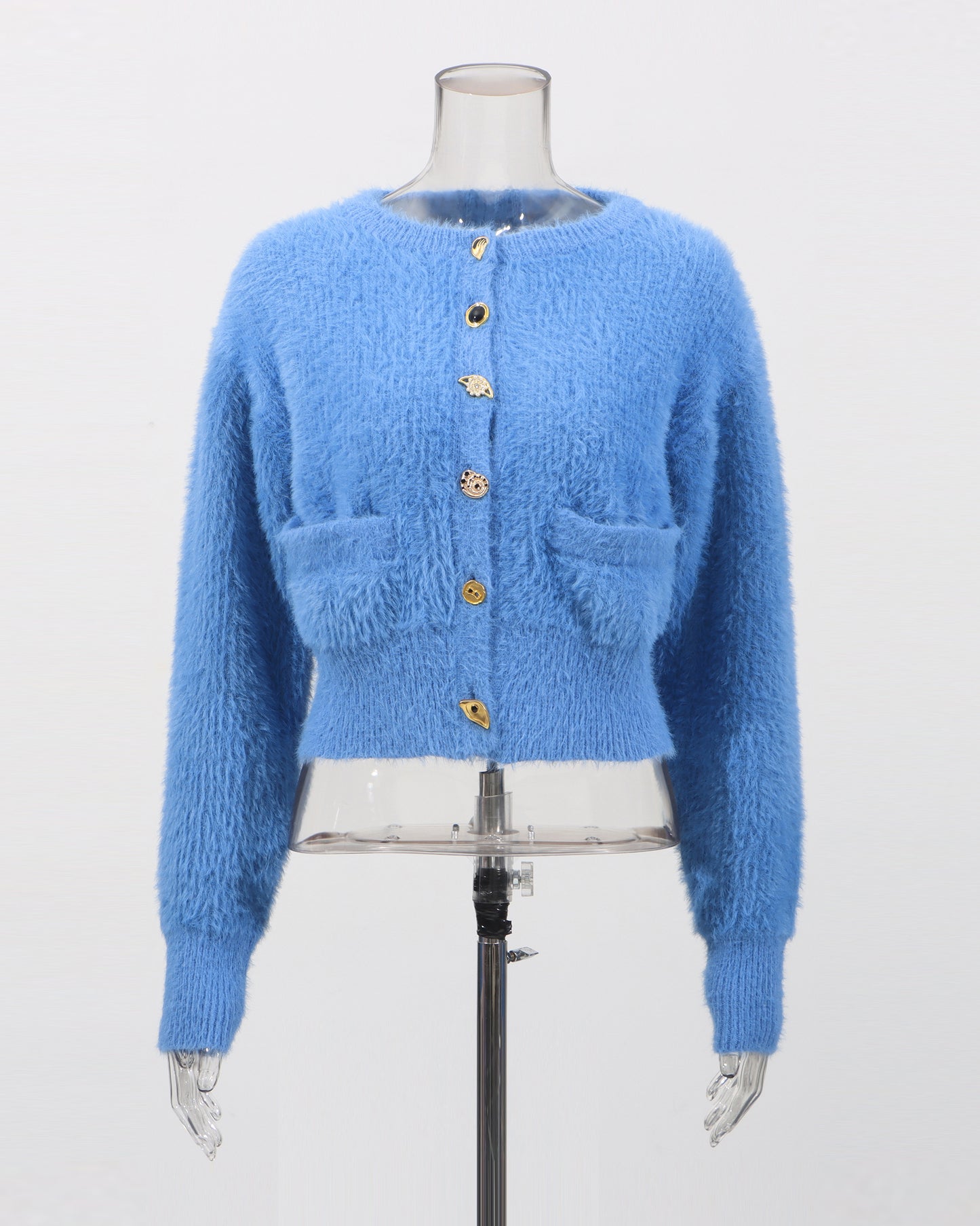 Blue Fuzzy Cropped Cardigan with Decorative Buttons