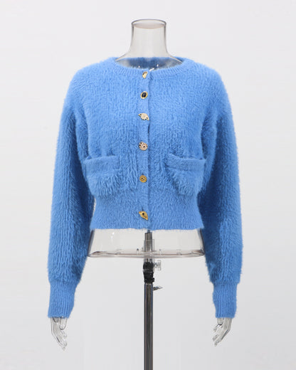 Blue Fuzzy Cropped Cardigan with Decorative Buttons