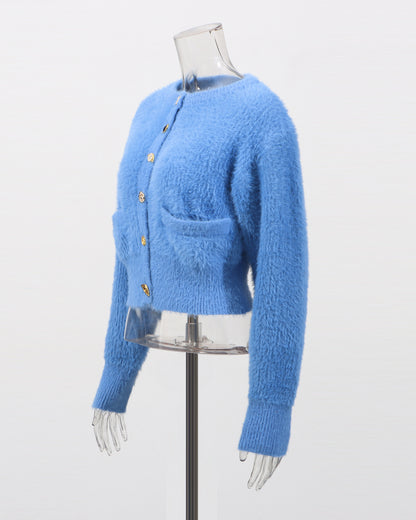 Blue Fuzzy Cropped Cardigan with Decorative Buttons