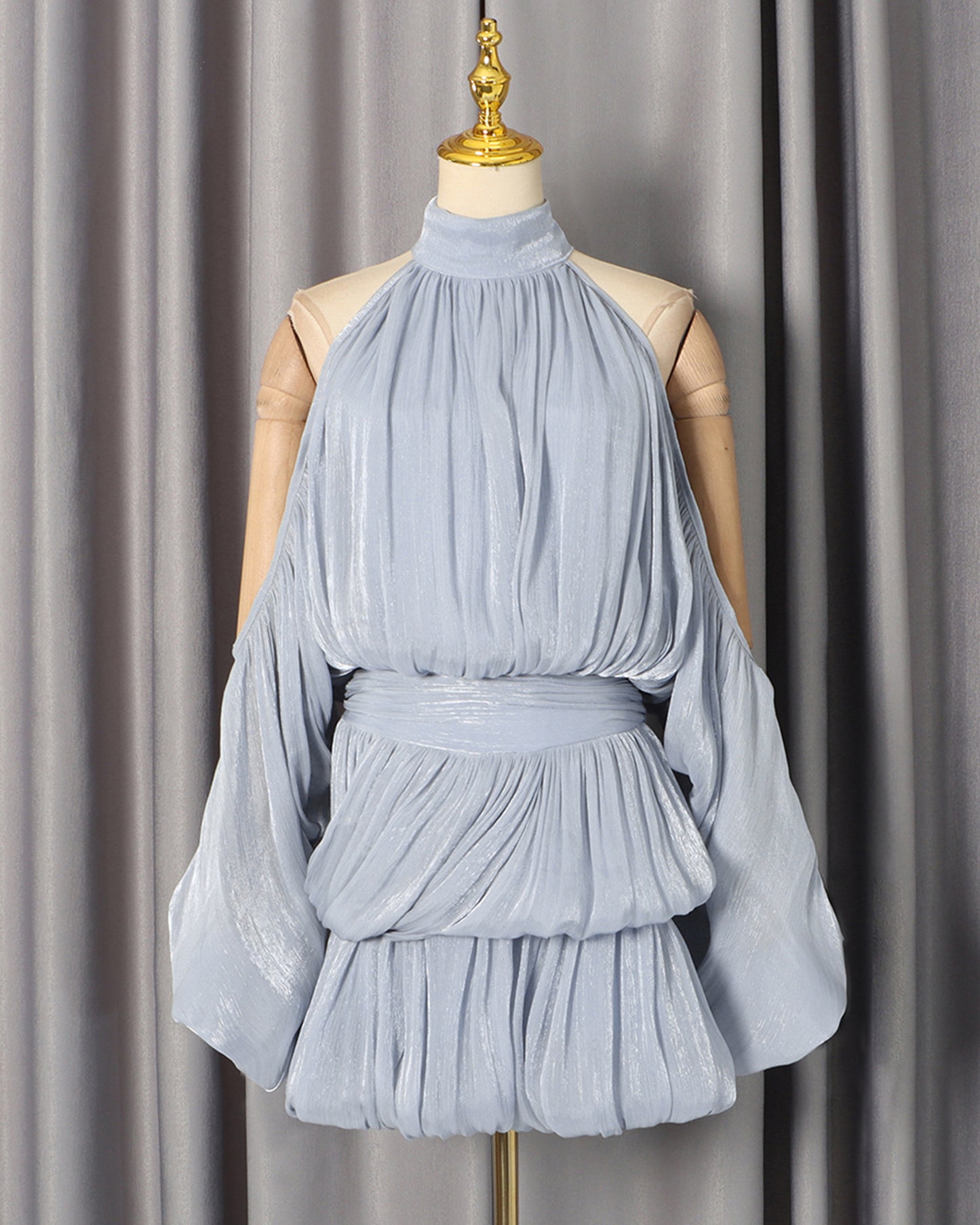 Blue Halter Cold-Shoulder Ruched Mini Dress