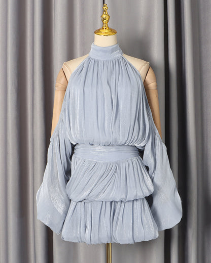 Blue Halter Cold-Shoulder Ruched Mini Dress