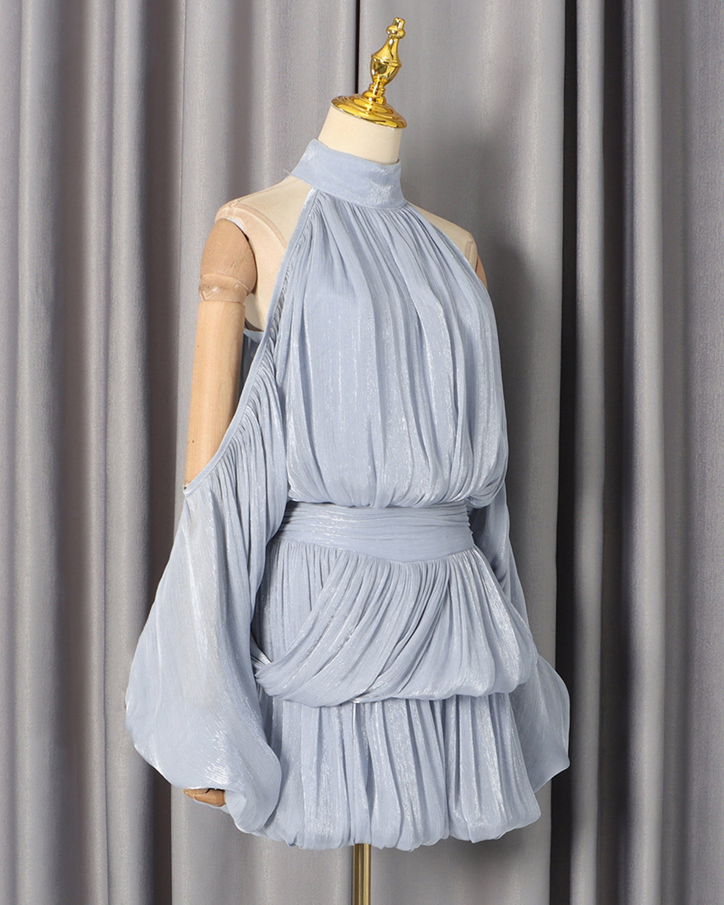 Blue Halter Cold-Shoulder Ruched Mini Dress