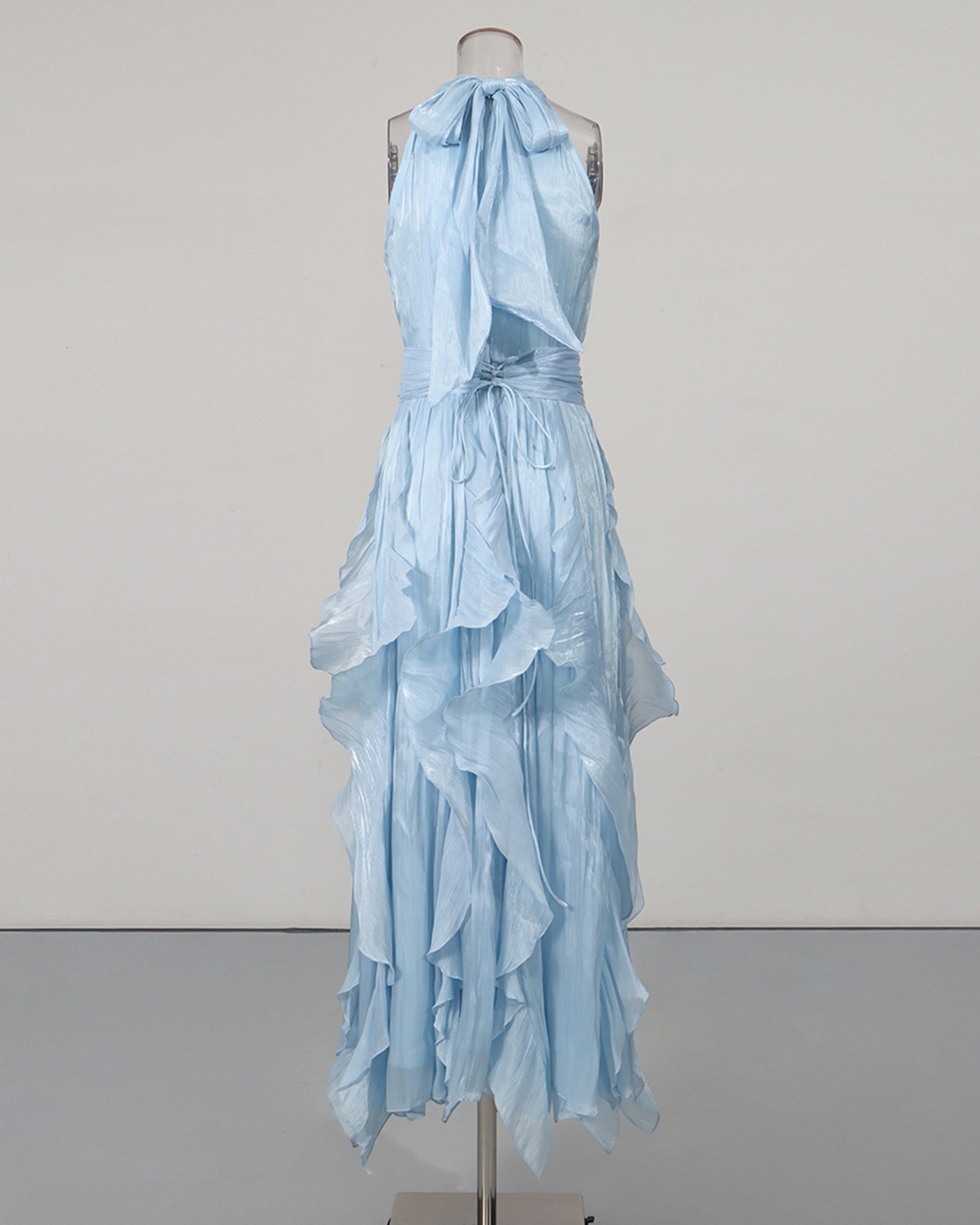 Blue Halter Neck Ruffle Midi Dress