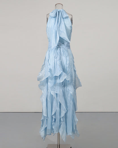 Blue Halter Neck Ruffle Midi Dress