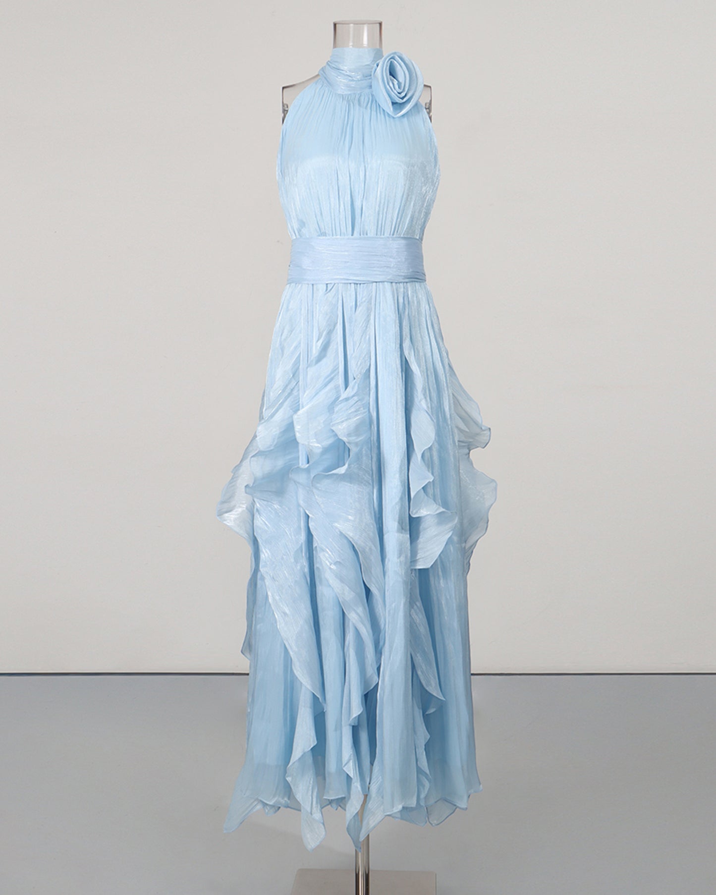 Blue Halter Neck Ruffle Midi Dress