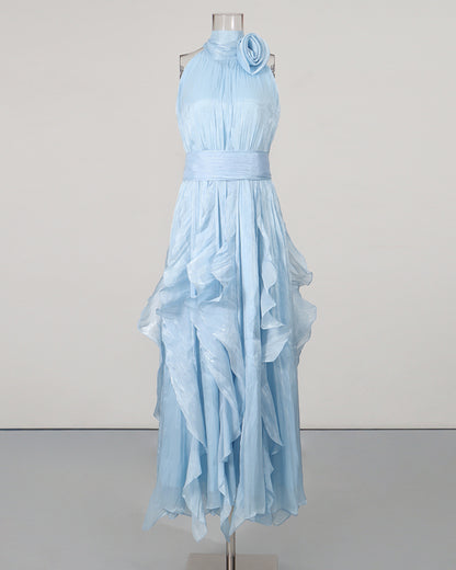 Blue Halter Neck Ruffle Midi Dress