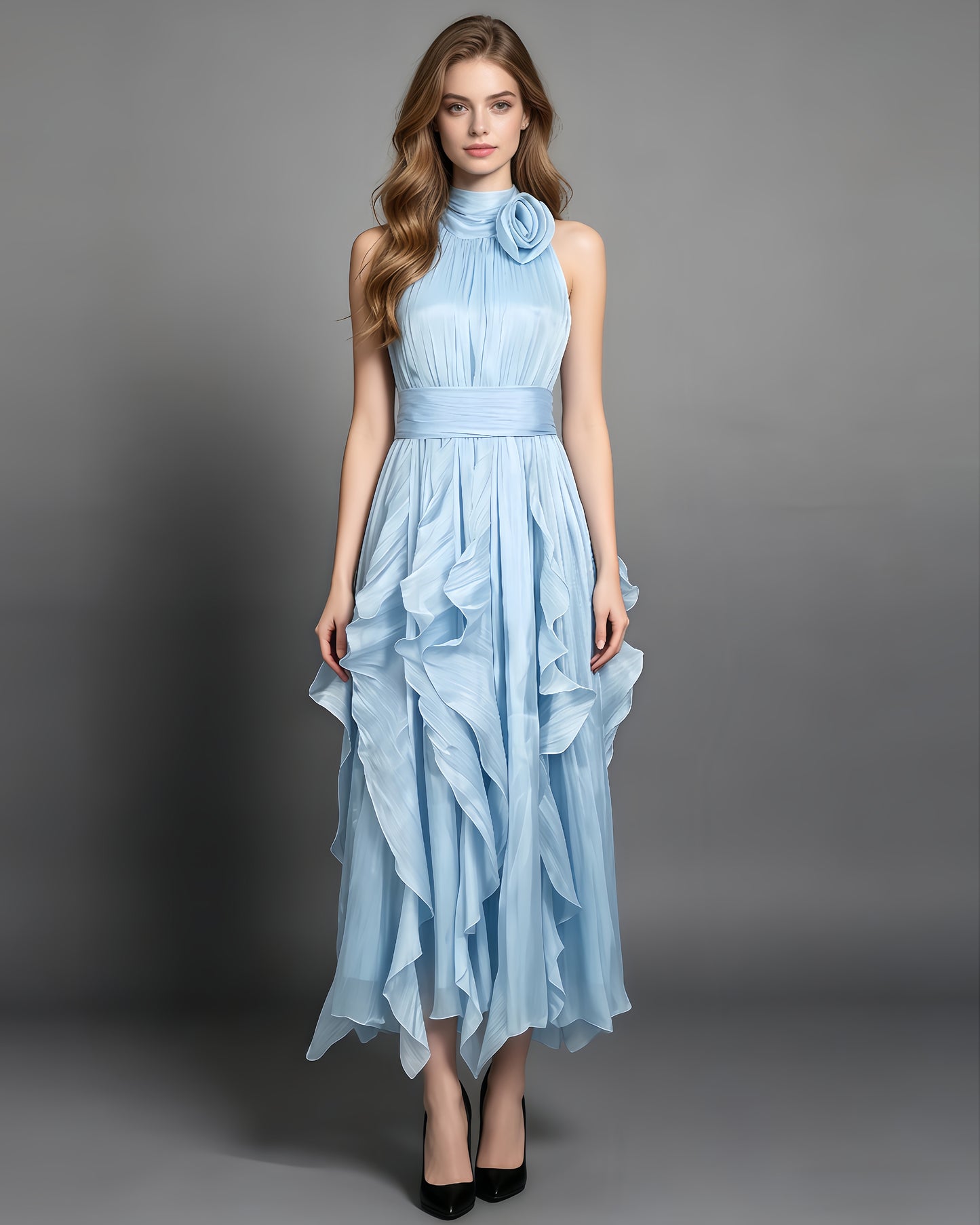 Blue Halter Neck Ruffle Midi Dress
