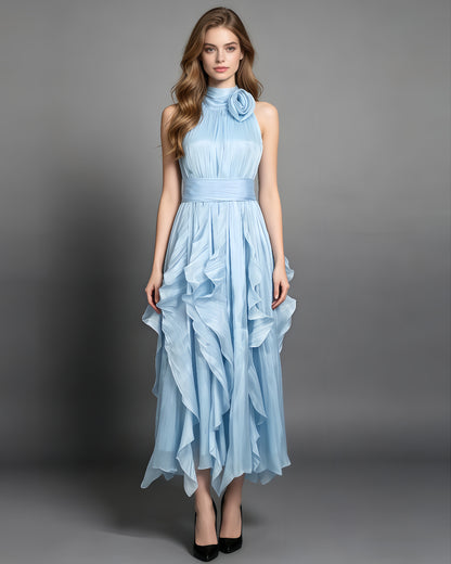 Blue Halter Neck Ruffle Midi Dress