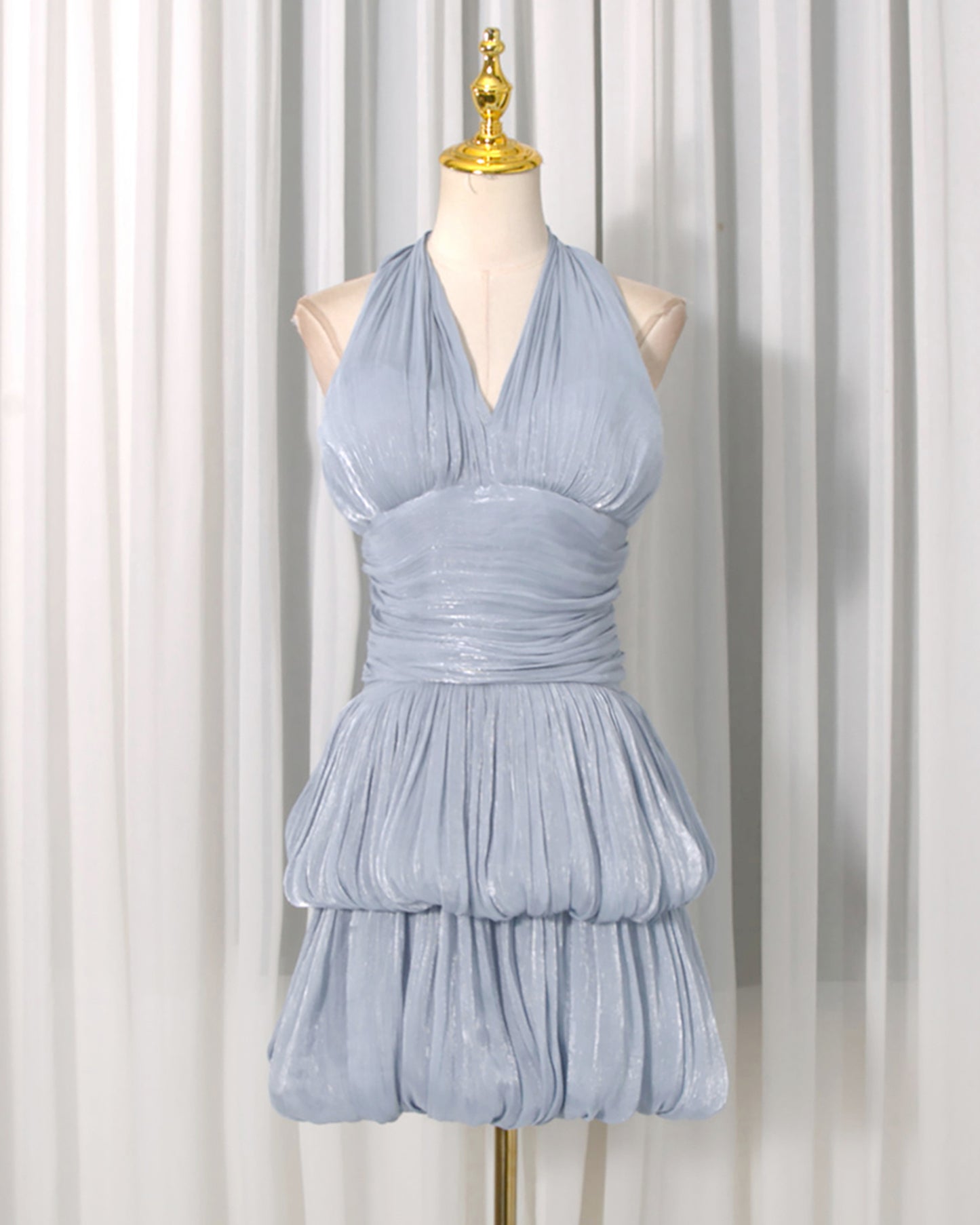 Blue Halter Ruched Tiered Mini Dress