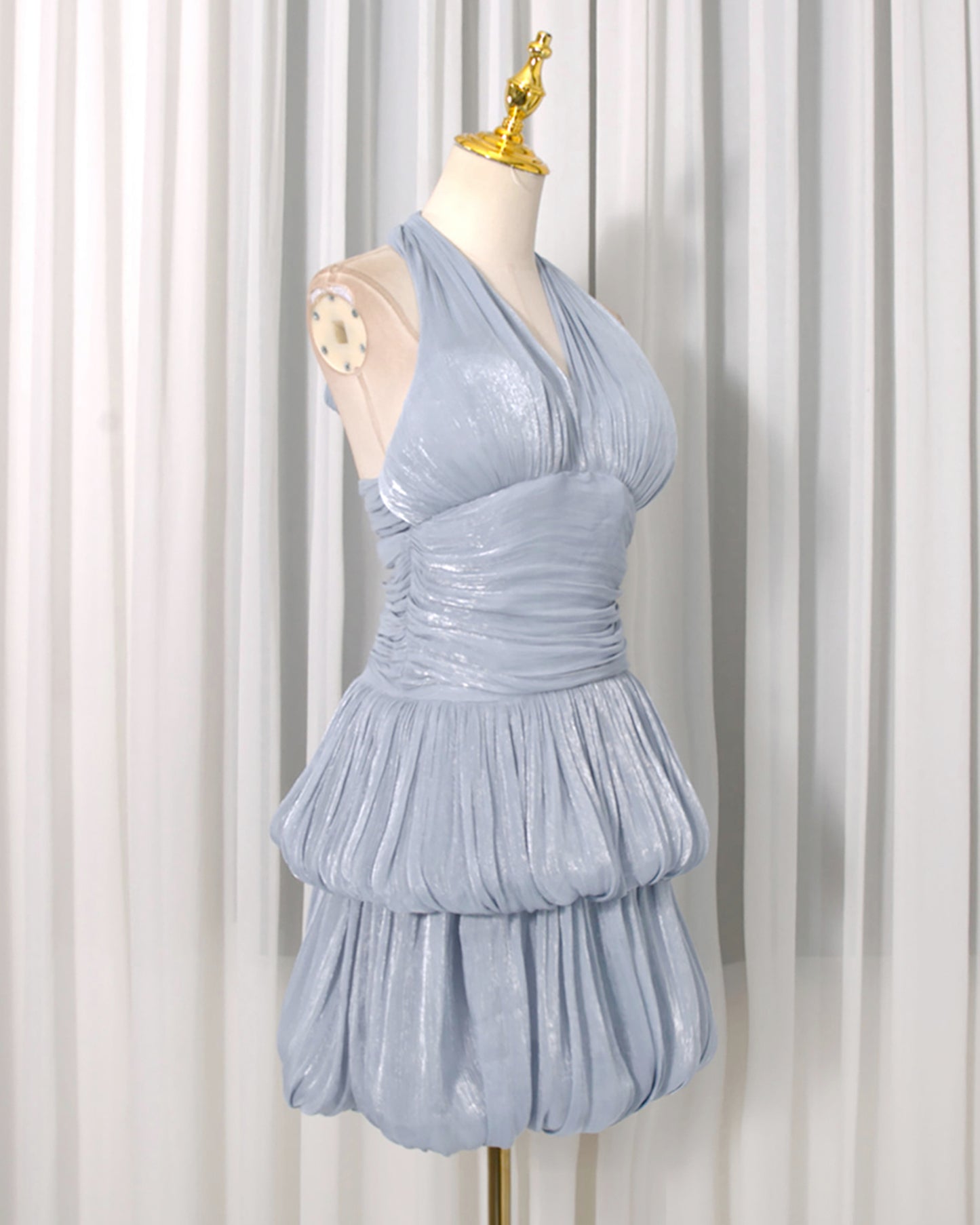 Blue Halter Ruched Tiered Mini Dress