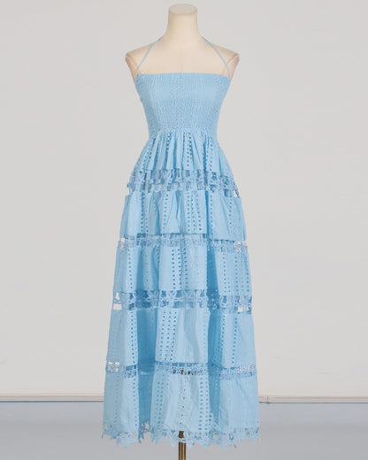 Blue Halter Tiered Lace Maxi Dress