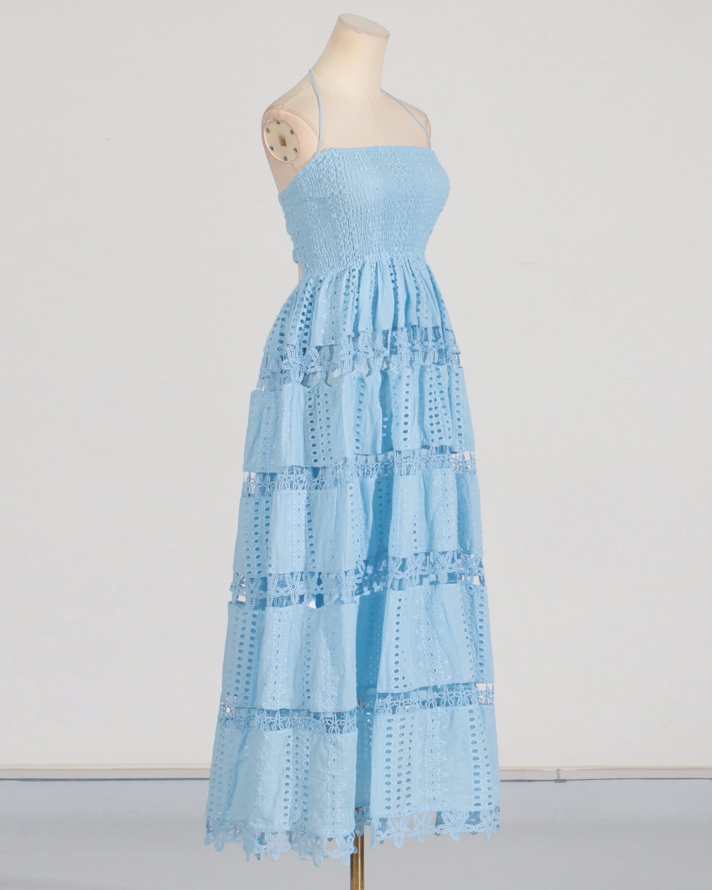 Blue Halter Tiered Lace Maxi Dress