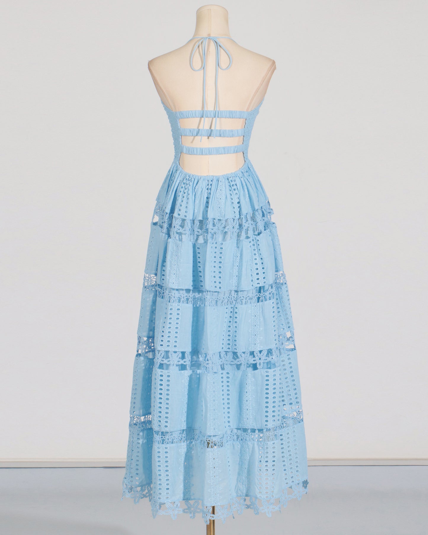 Blue Halter Tiered Lace Maxi Dress