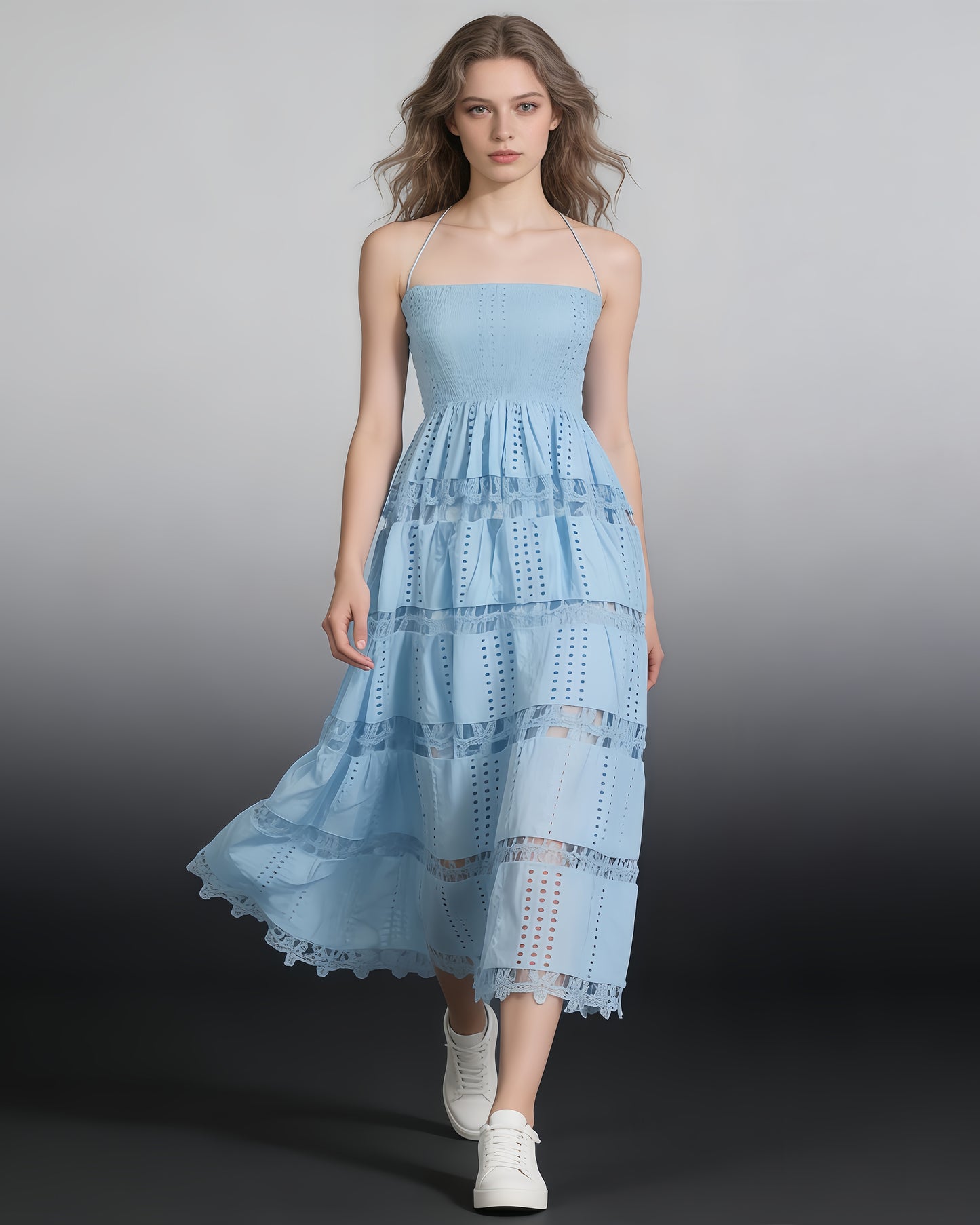 Blue Halter Tiered Lace Maxi Dress