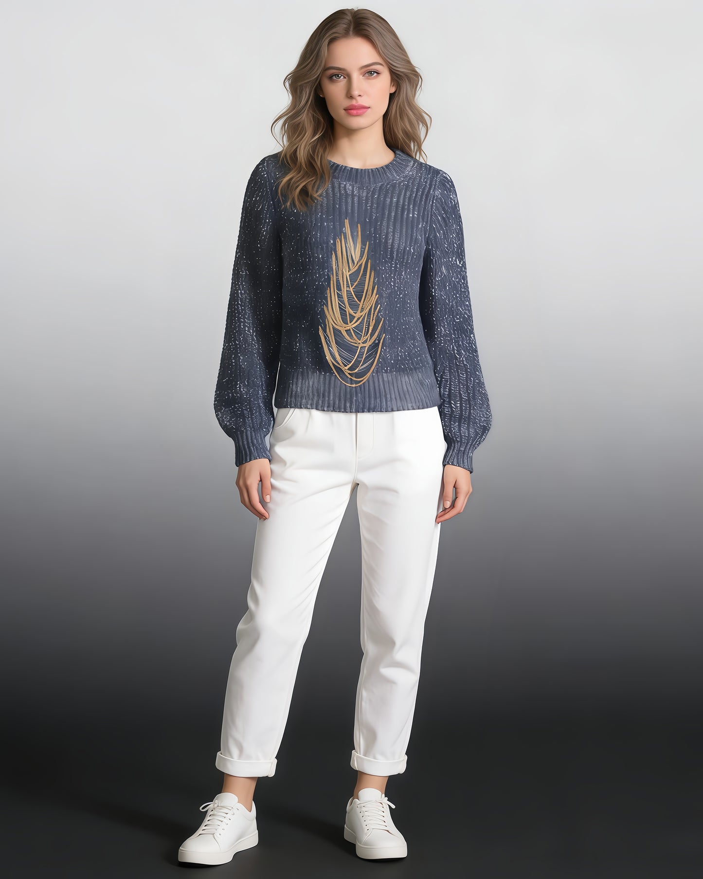 Blue Knit Sweater with Gold Chain Embellishment