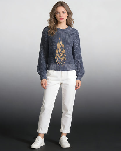 Blue Knit Sweater with Gold Chain Embellishment