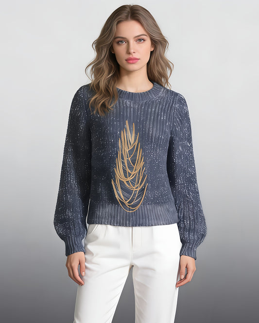 Blue Knit Sweater with Gold Chain Embellishment