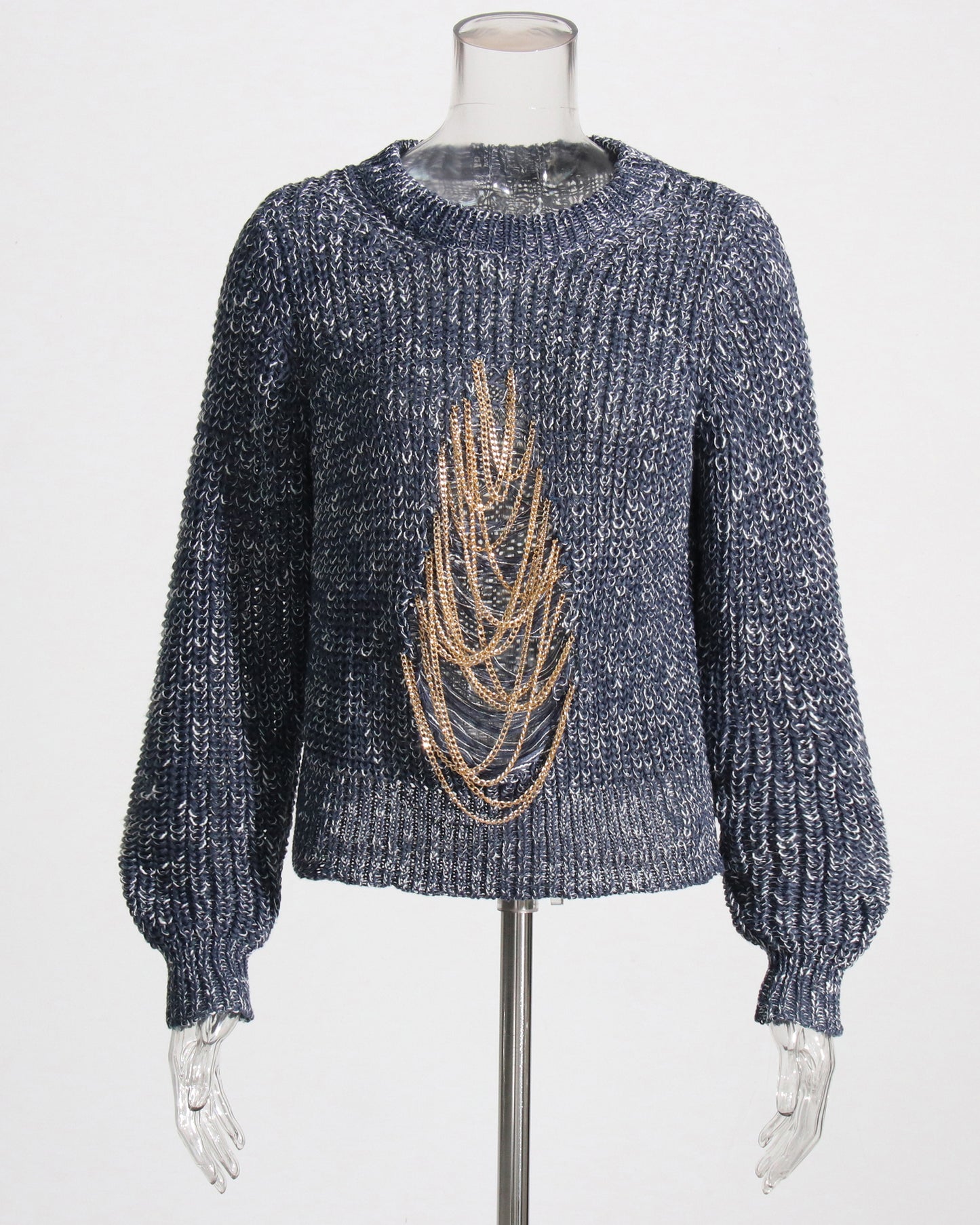 Blue Knit Sweater with Gold Chain Embellishment