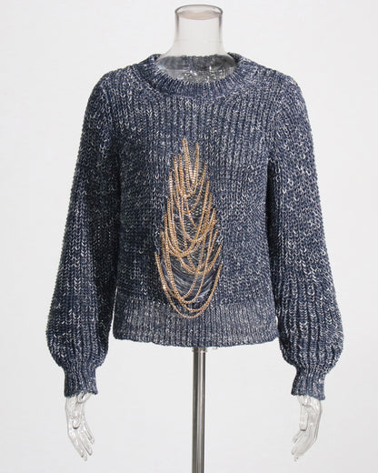 Blue Knit Sweater with Gold Chain Embellishment