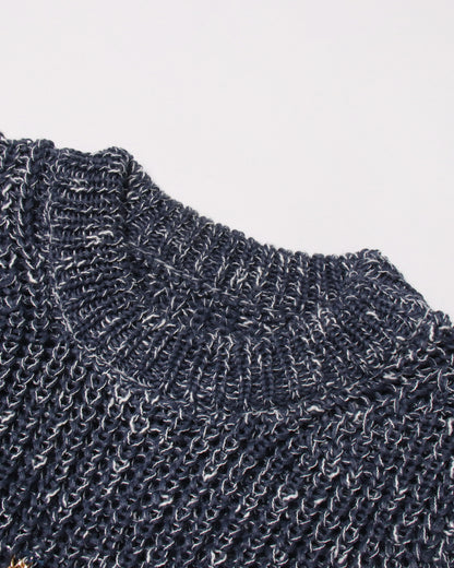 Blue Knit Sweater with Gold Chain Embellishment