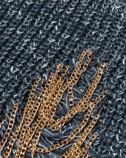 Blue Knit Sweater with Gold Chain Embellishment