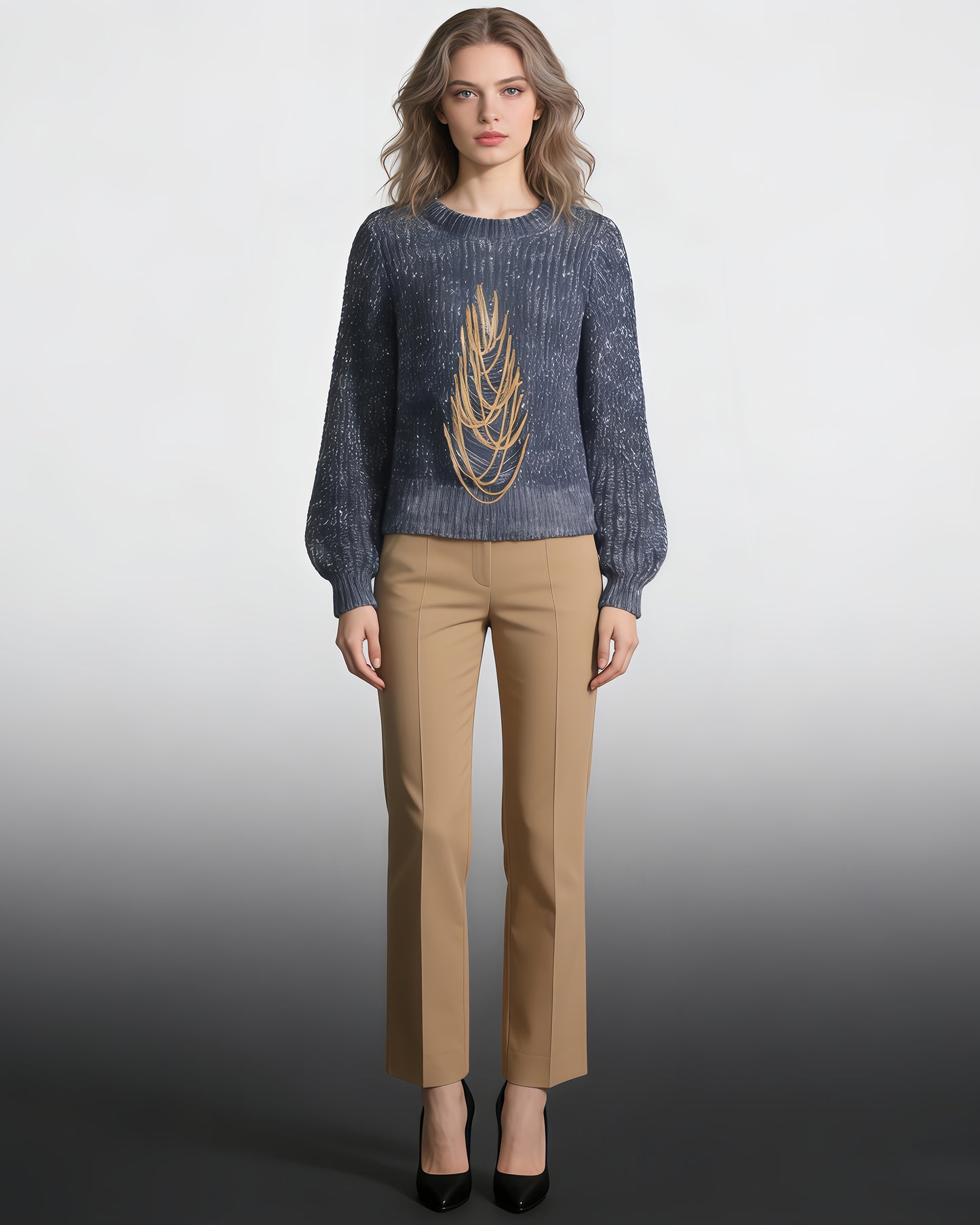 Blue Knit Sweater with Gold Chain Embellishment
