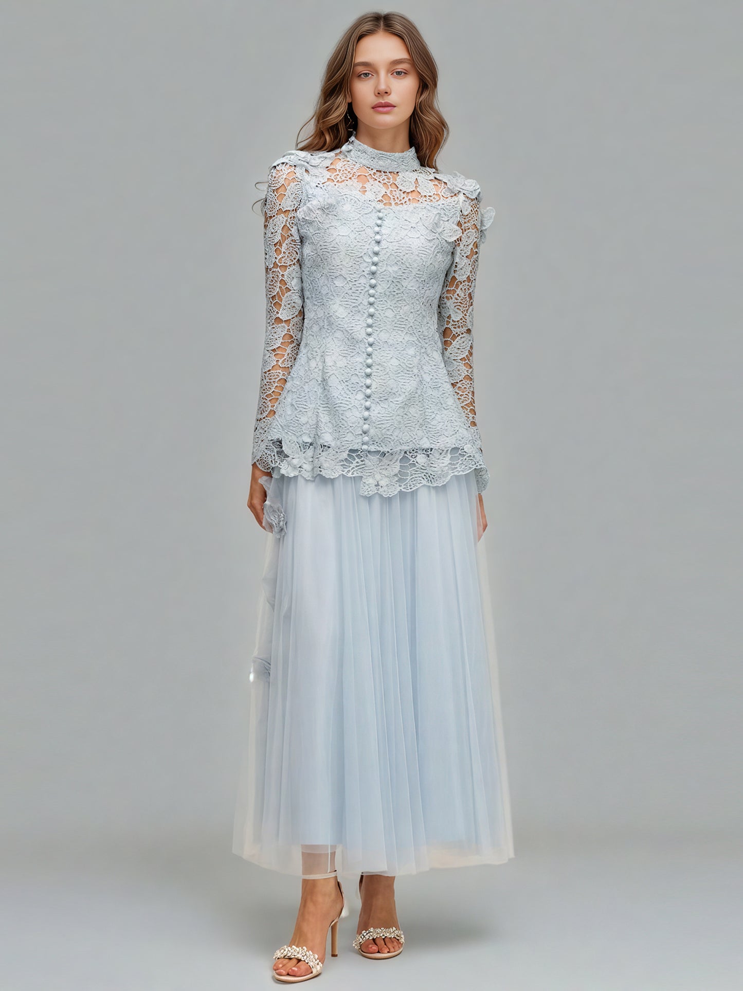 Blue Lace Top & Tulle Skirt Two-Piece Set