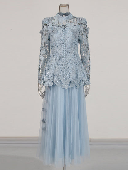 Blue Lace Top & Tulle Skirt Two-Piece Set