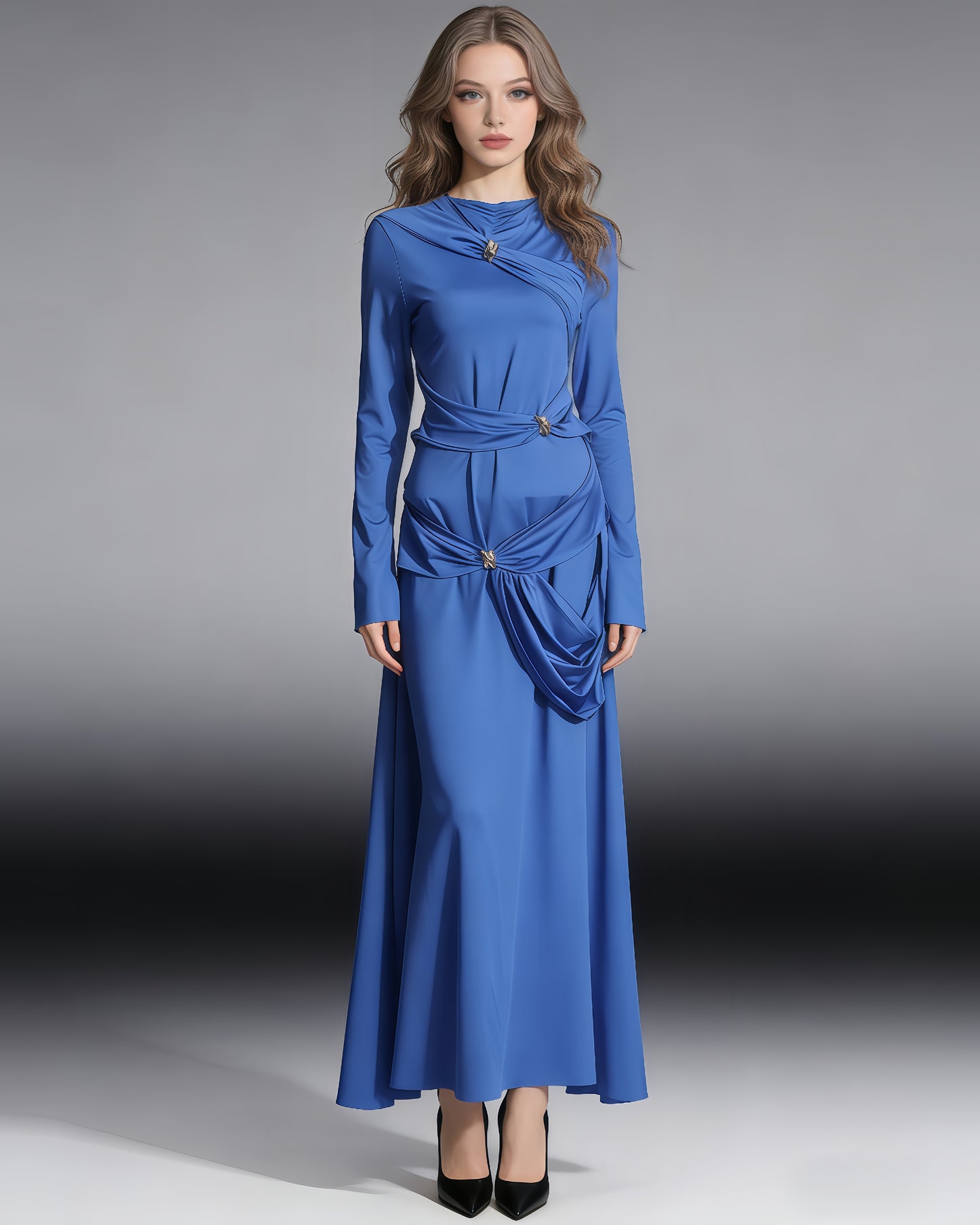 Blue Maxi Dress with Twist & Gold Accents