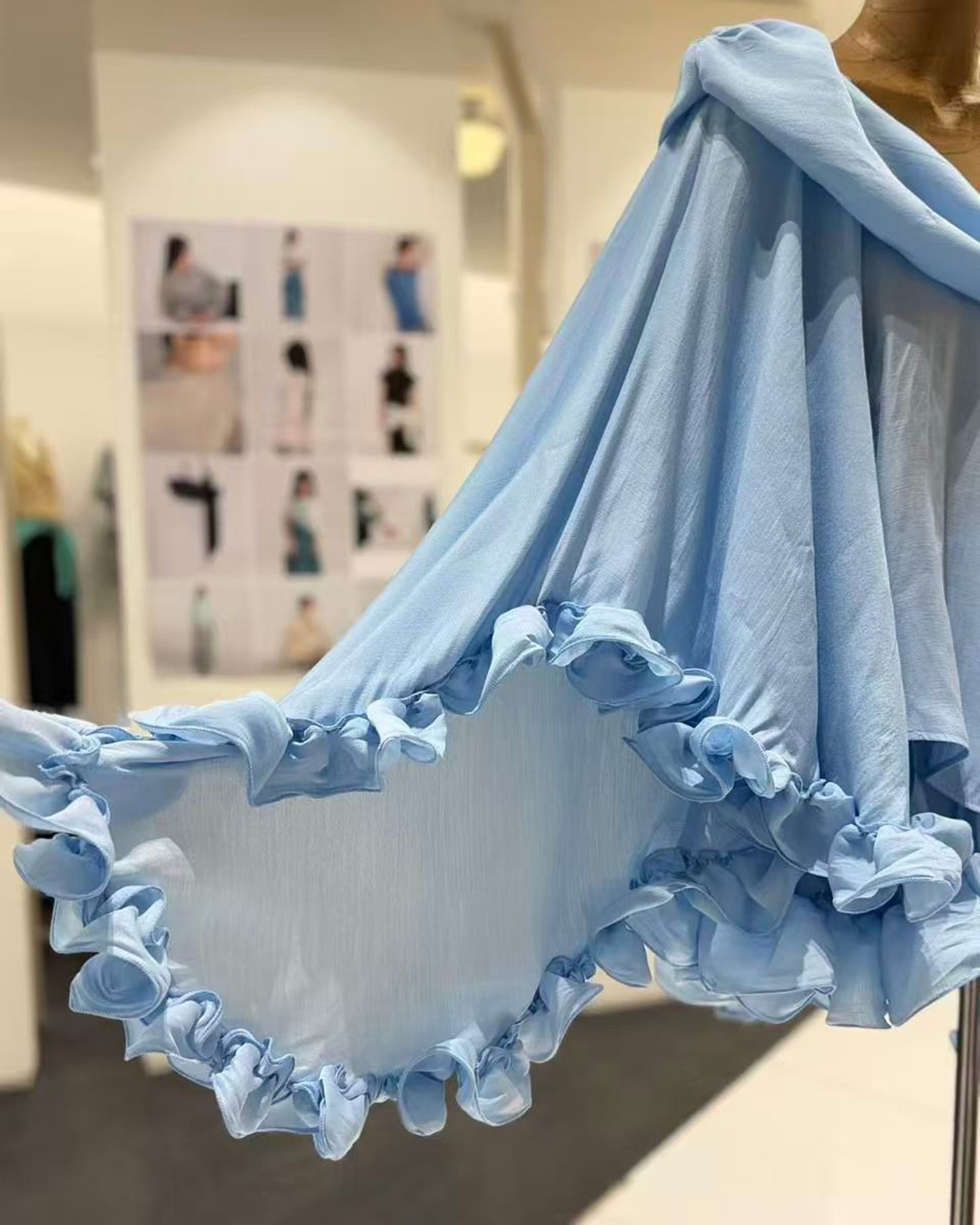Blue Off-the-Shoulder Ruffle Chiffon Set