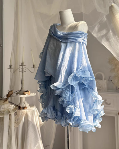 Blue Off-the-Shoulder Ruffle Chiffon Set